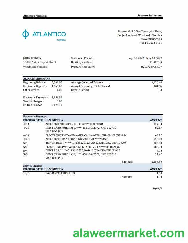 Namibia Atlantico bank statement XLS